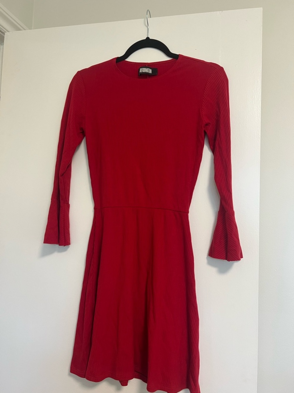 Reformation Red Ribbed Fit-and-Flare Dress with Bell Sleeves